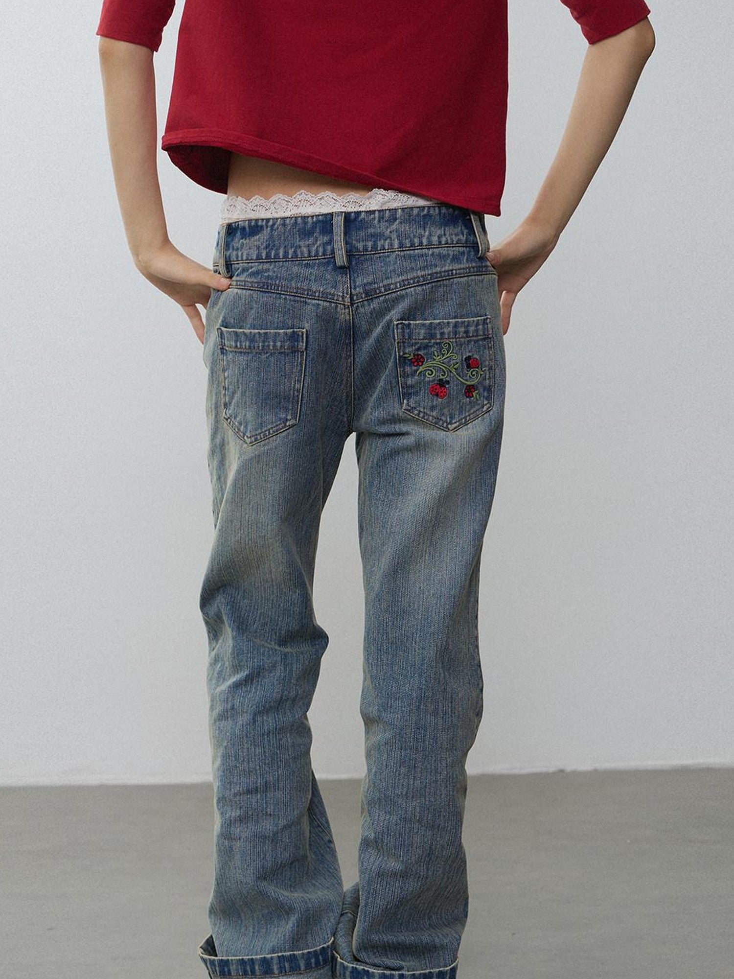 in two twos Washed Distressed Beetle Embroidered Women&