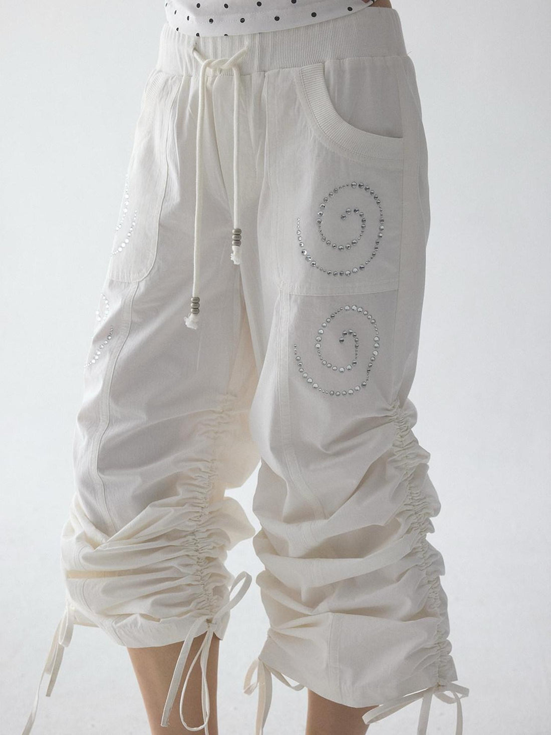 in two twos White Pleated Straight Rhinestone Elastic Women&