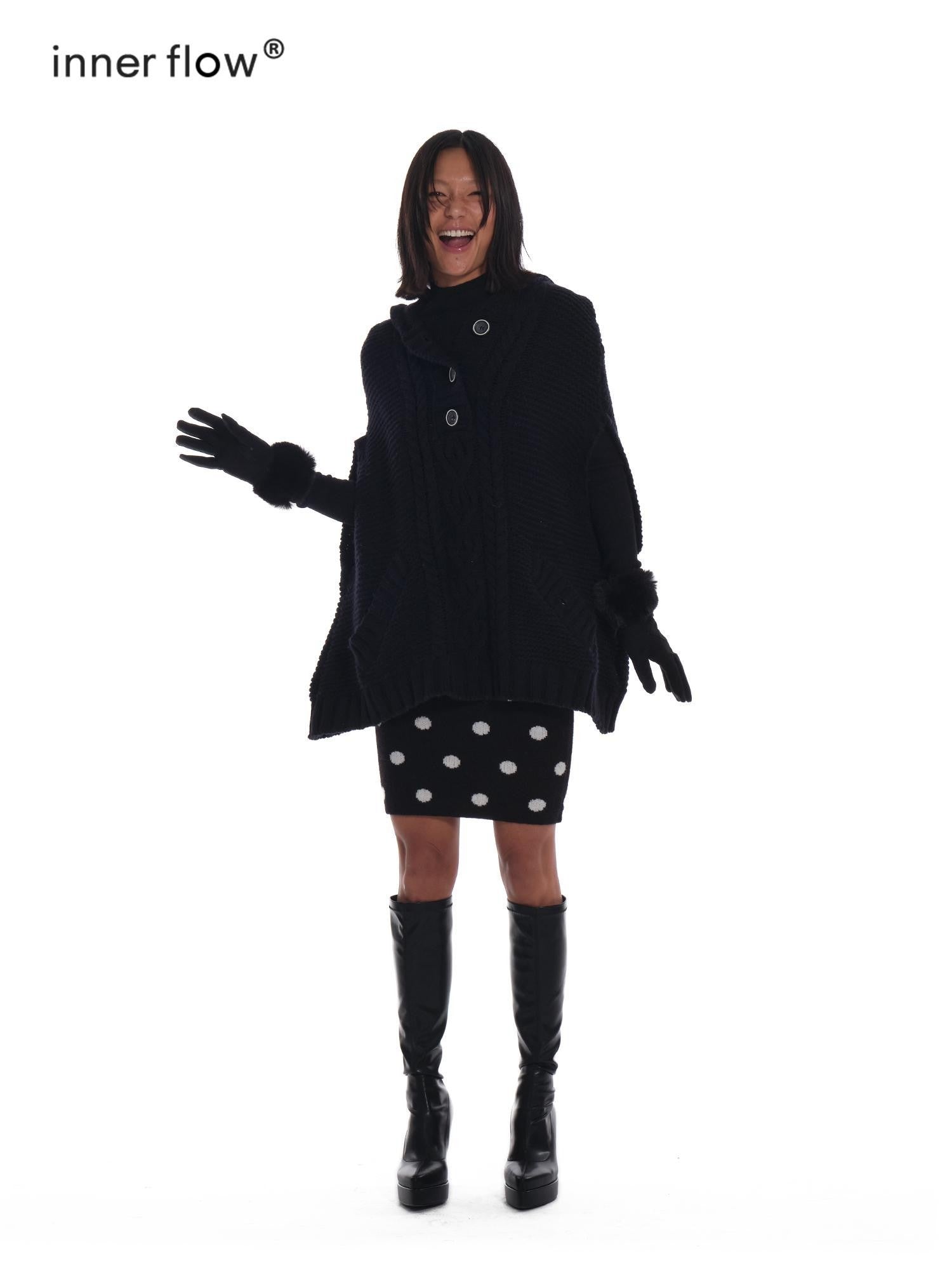 innerflow Black Cape Single Button Mid Length Loose Women&