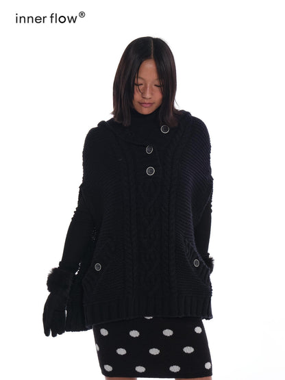 innerflow Black Cape Single Button Mid Length Loose Women&
