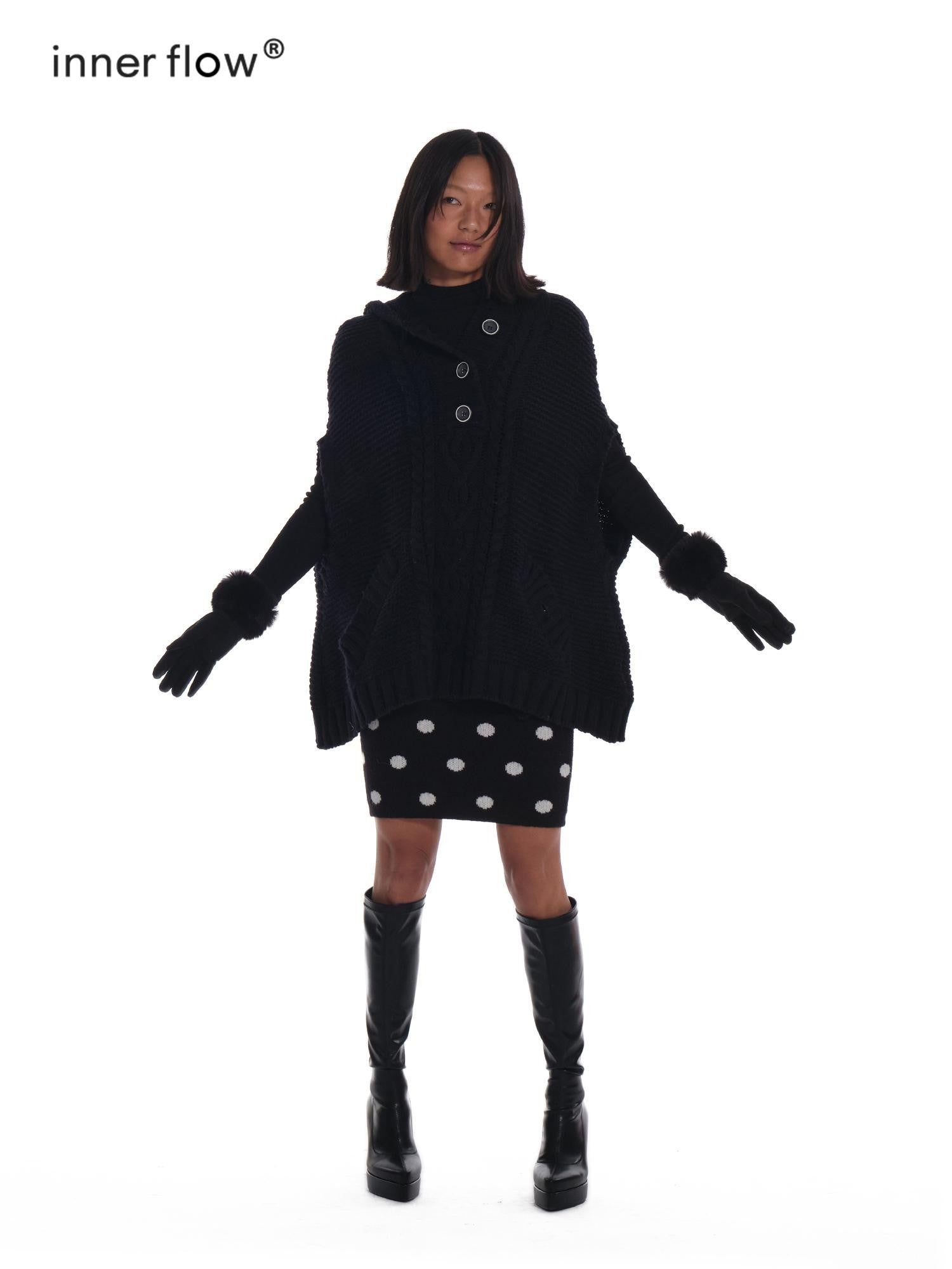 innerflow Black Cape Single Button Mid Length Loose Women&