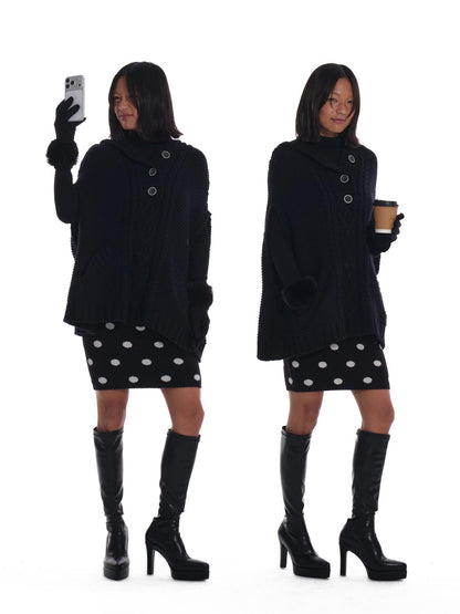 innerflow Black Cape Single Button Mid Length Loose Women&