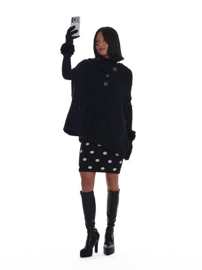 innerflow Black Cape Single Button Mid Length Loose Women&