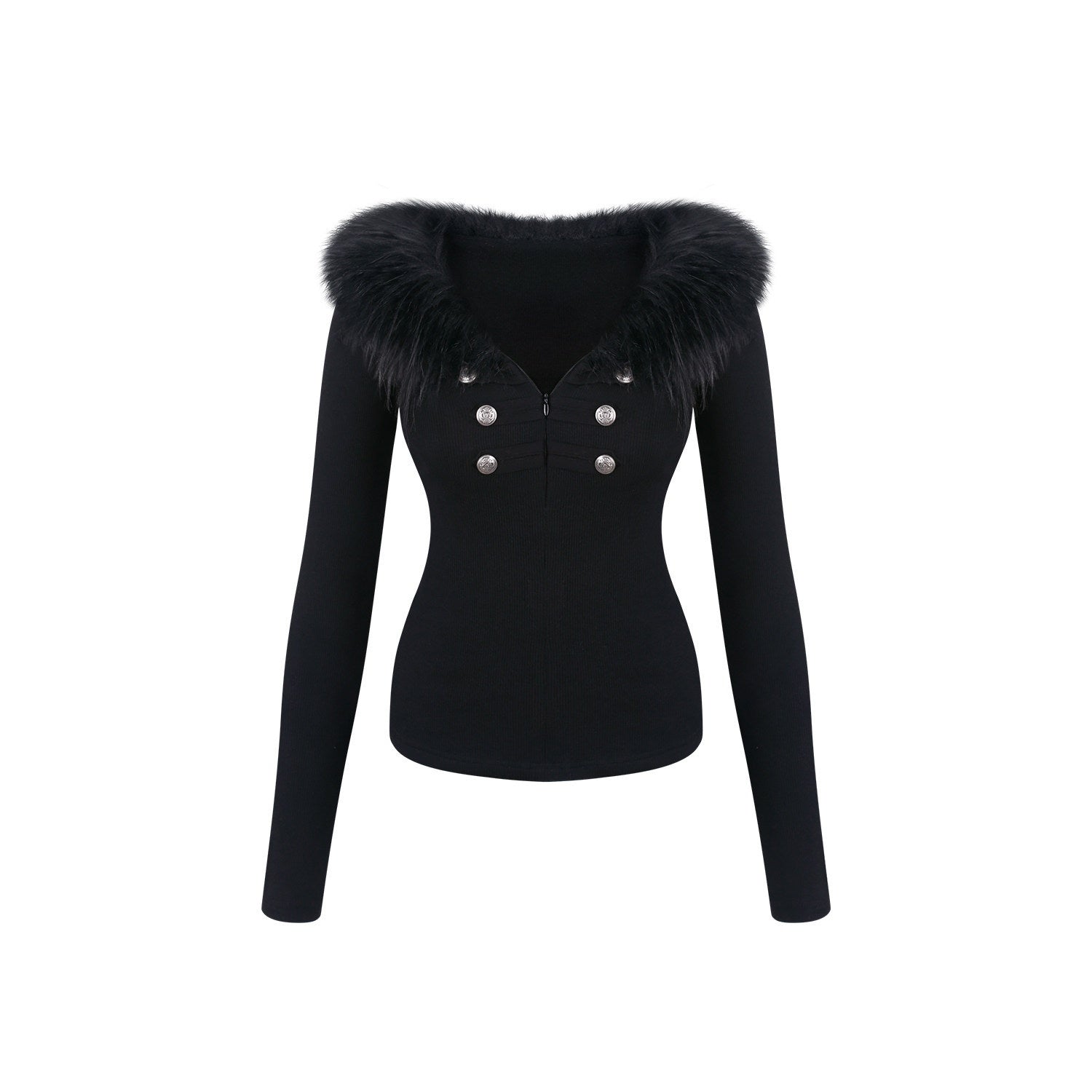 innerflow_Black_Eco_Fuzzy_V-neck_Slim_Fit_Women&