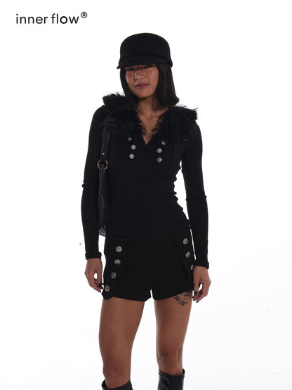 innerflow Black Eco Fuzzy V-neck Slim Fit Women&