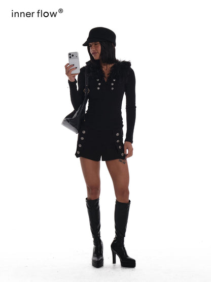 innerflow Black Eco Fuzzy V-neck Slim Fit Women&