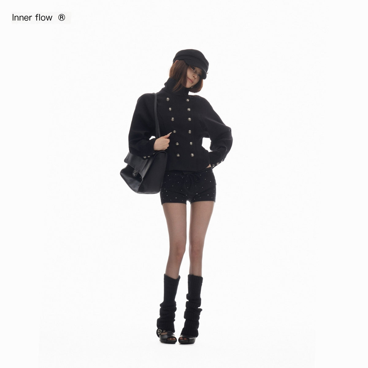 innerflow_Black_Metal_Button_Structured_Shoulder_Double_Breasted_Women&