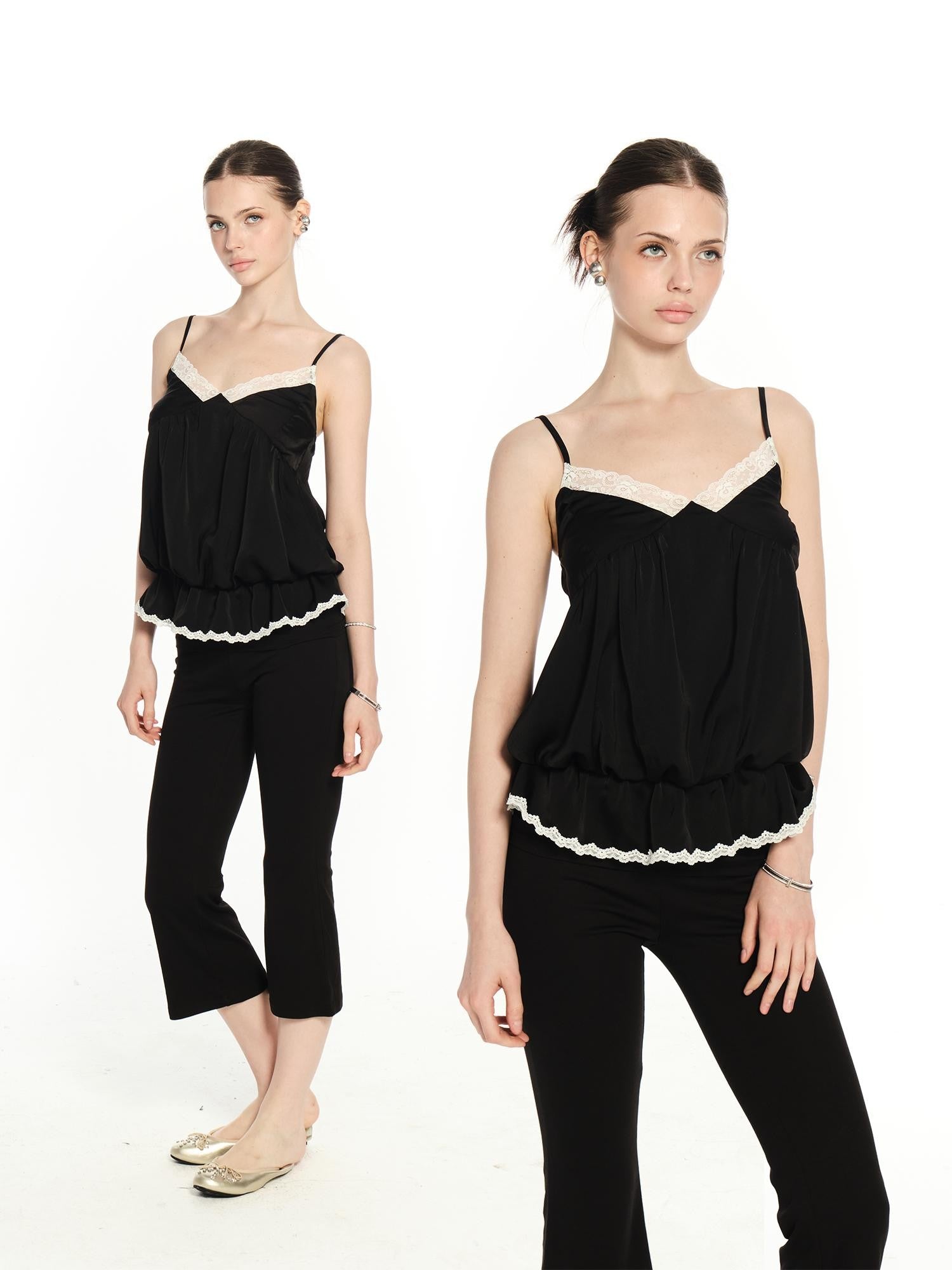 innerflow Black White Lace Contrast V-neck Open Back Women&