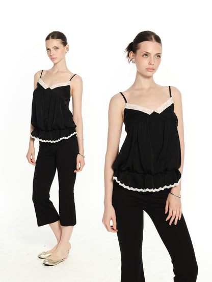 innerflow Black White Lace Contrast V-neck Open Back Women&