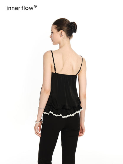 innerflow Black White Lace Contrast V-neck Open Back Women&