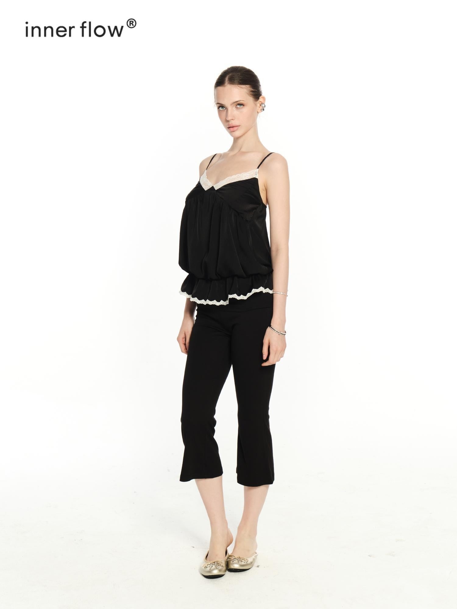 innerflow Black White Lace Contrast V-neck Open Back Women&