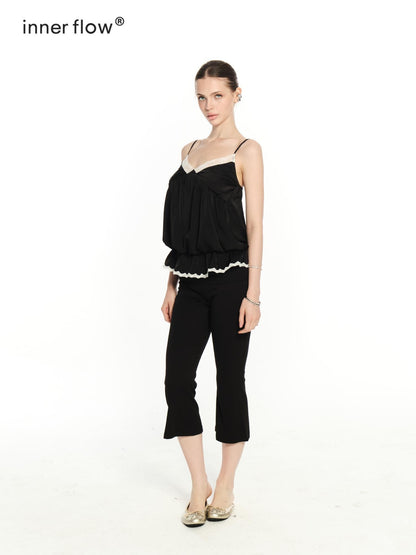 innerflow Black White Lace Contrast V-neck Open Back Women&