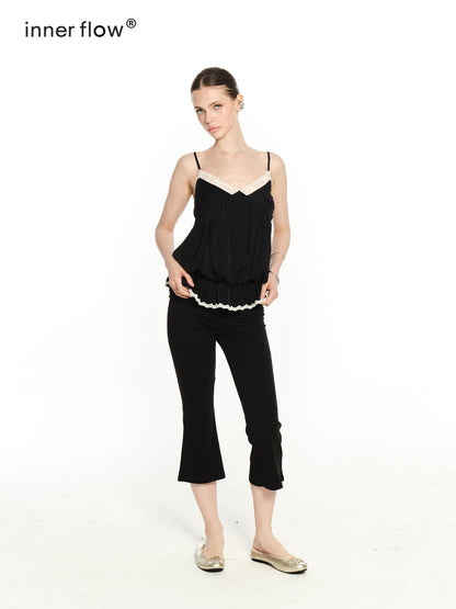 innerflow Black White Lace Contrast V-neck Open Back Women&