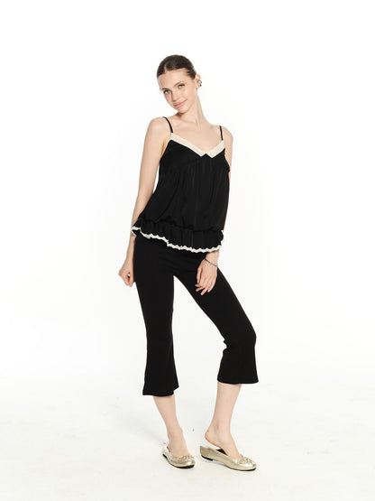 innerflow Black White Lace Contrast V-neck Open Back Women&