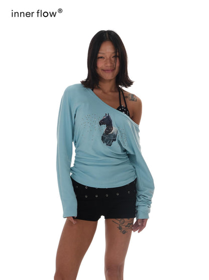 innerflow Blue One Shoulder Rhinestone Slim Women&