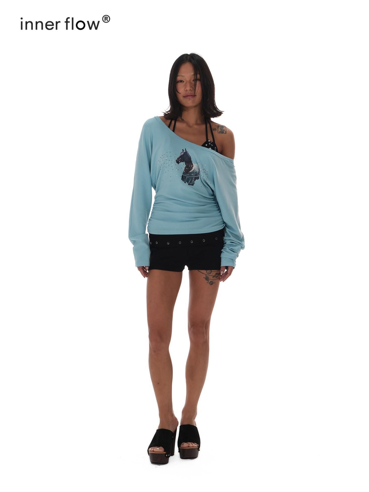 innerflow Blue One Shoulder Rhinestone Slim Women&