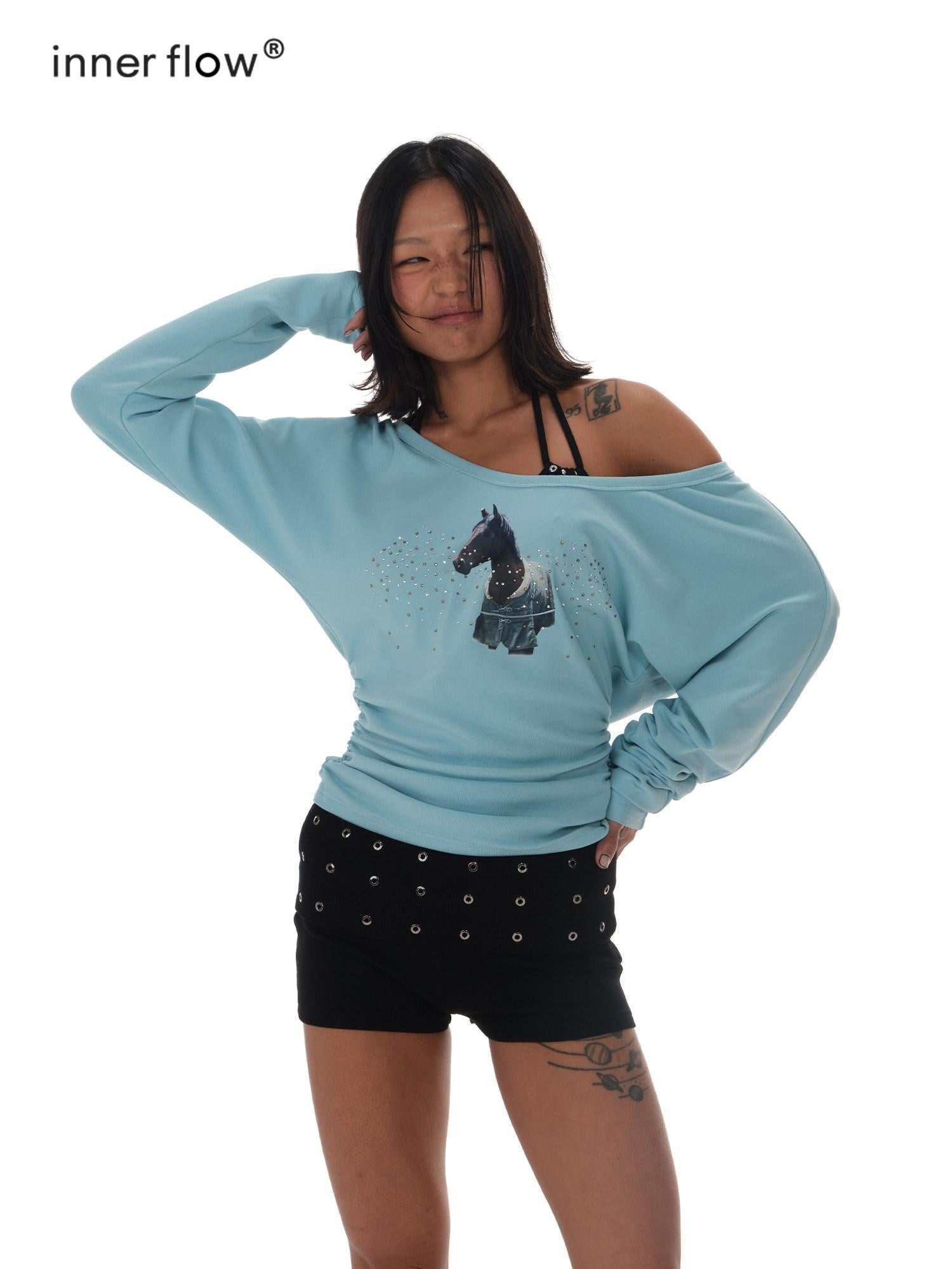 innerflow Blue One Shoulder Rhinestone Slim Women&