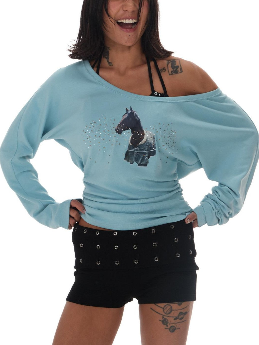 innerflow Blue One Shoulder Rhinestone Slim Women&