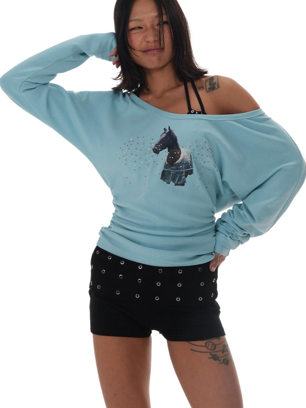 innerflow Blue One Shoulder Rhinestone Slim Women&