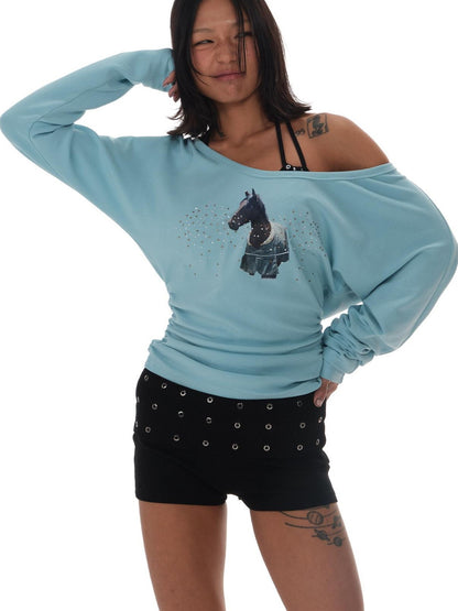 innerflow Blue One Shoulder Rhinestone Slim Women&
