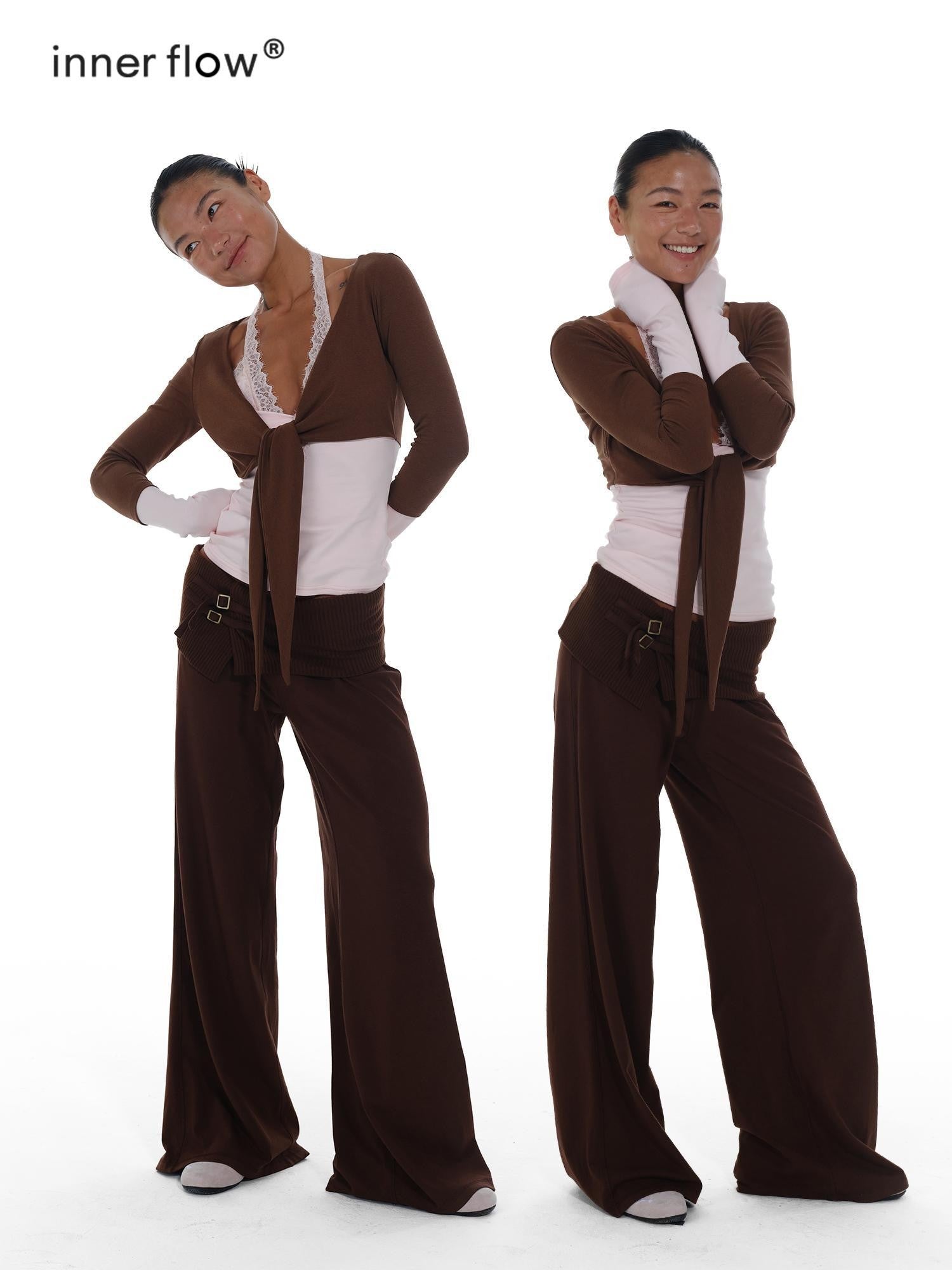 innerflow Blush Brown Colorblock Lace Tie Layered Women&