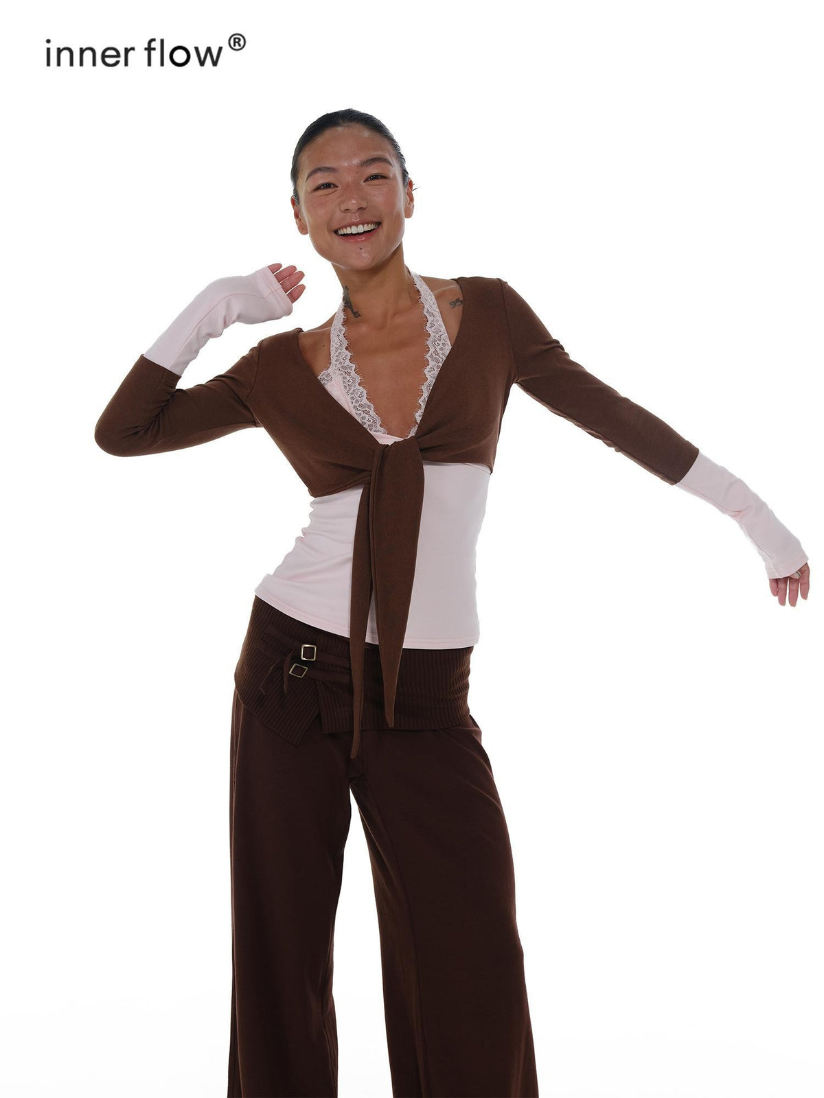 innerflow Blush Brown Colorblock Lace Tie Layered Women&