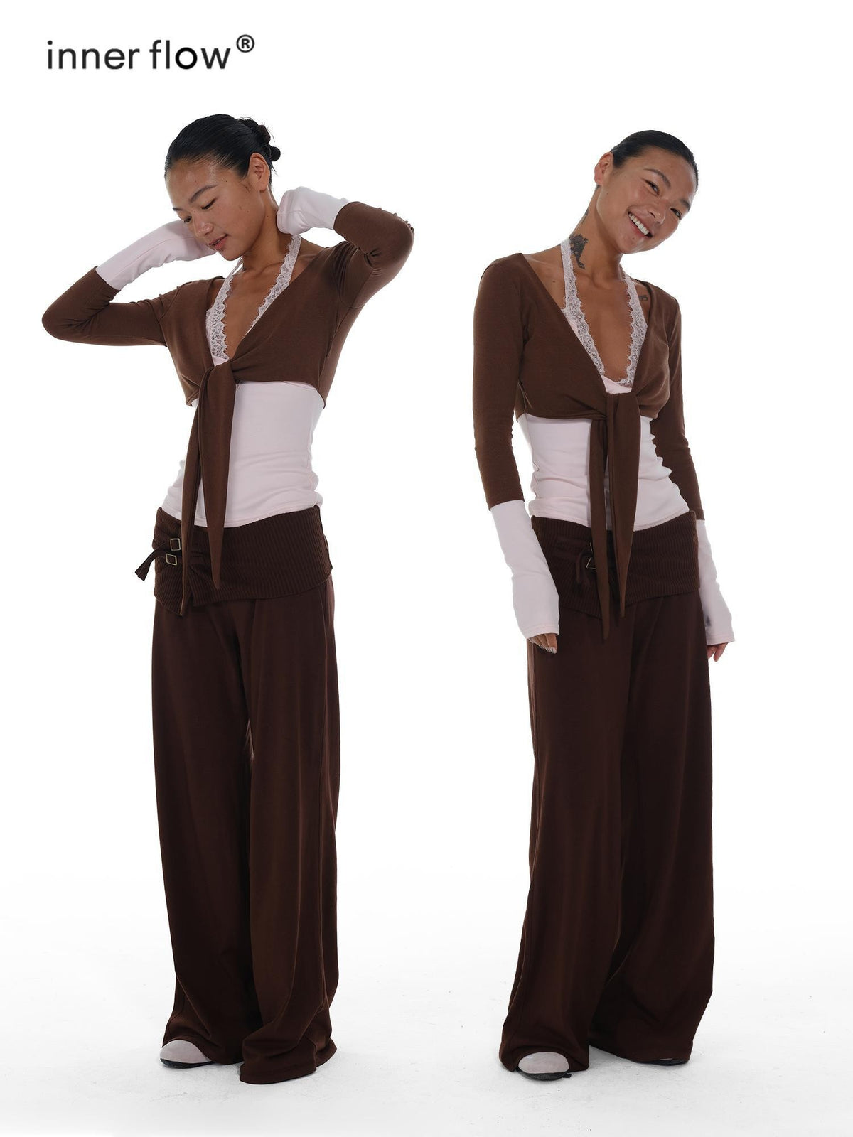 innerflow Blush Brown Colorblock Lace Tie Layered Women&