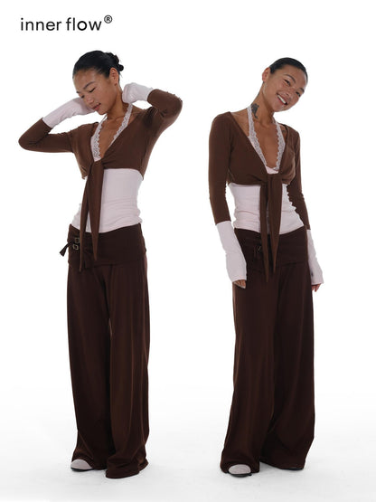 innerflow Blush Brown Colorblock Lace Tie Layered Women&