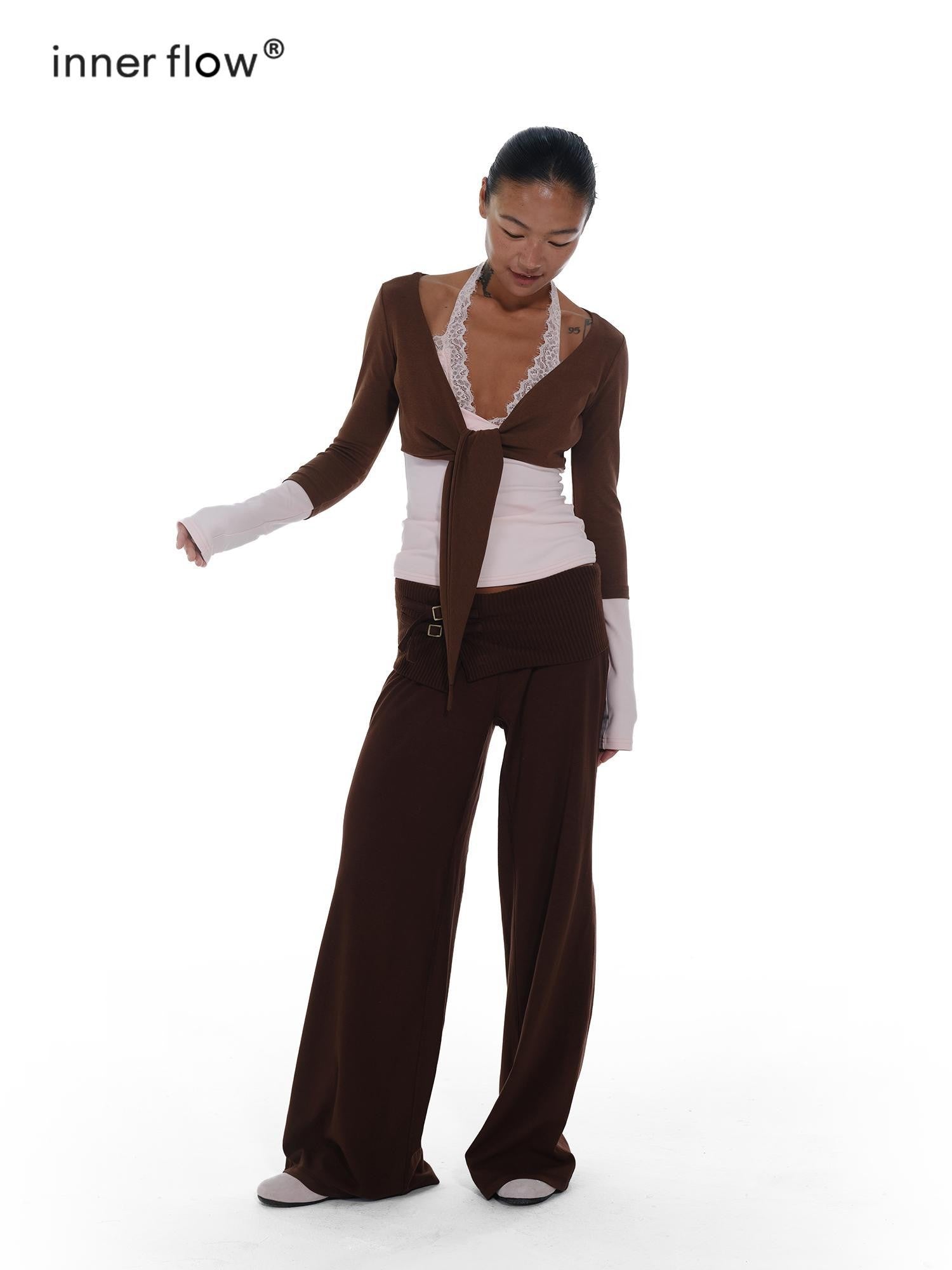 innerflow Blush Brown Colorblock Lace Tie Layered Women&