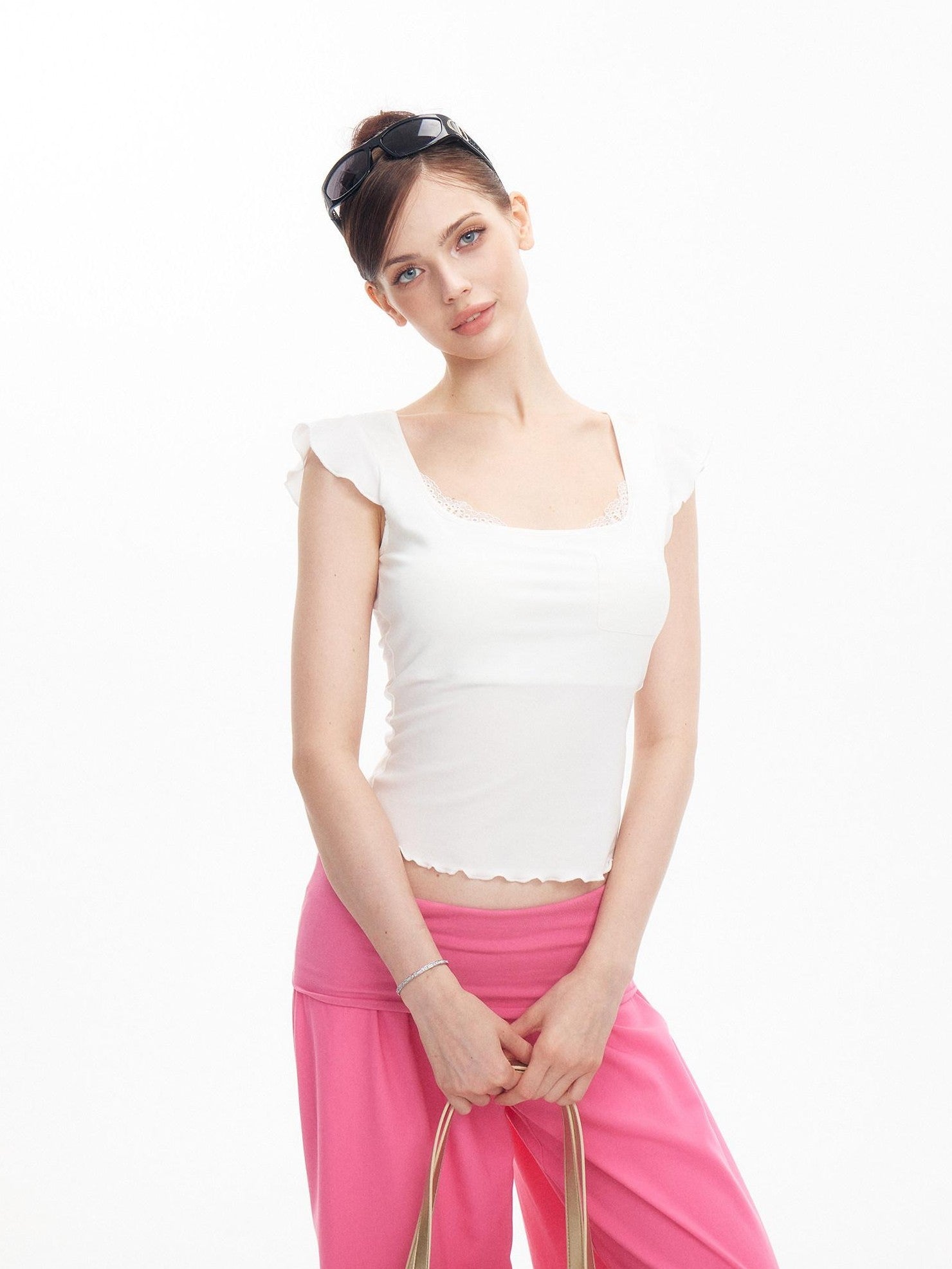 innerflow Bright Lace Panel Square Neck Padded Flutter Sleeve Women&