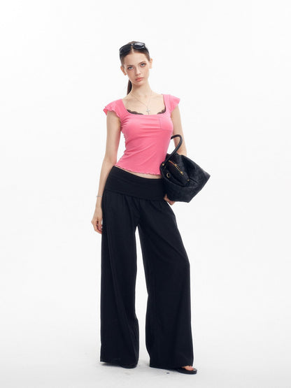 innerflow Bright Lace Panel Square Neck Padded Flutter Sleeve Women&