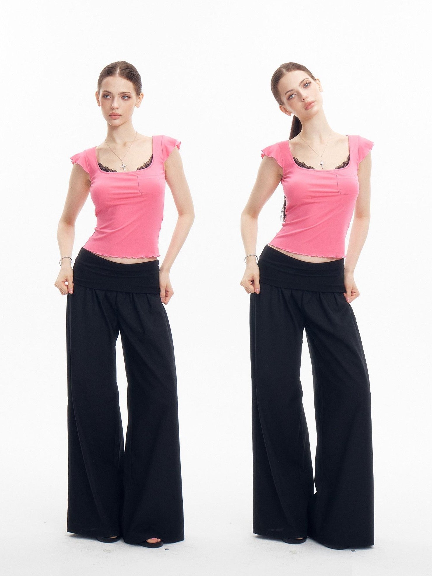 innerflow Bright Lace Panel Square Neck Padded Flutter Sleeve Women&