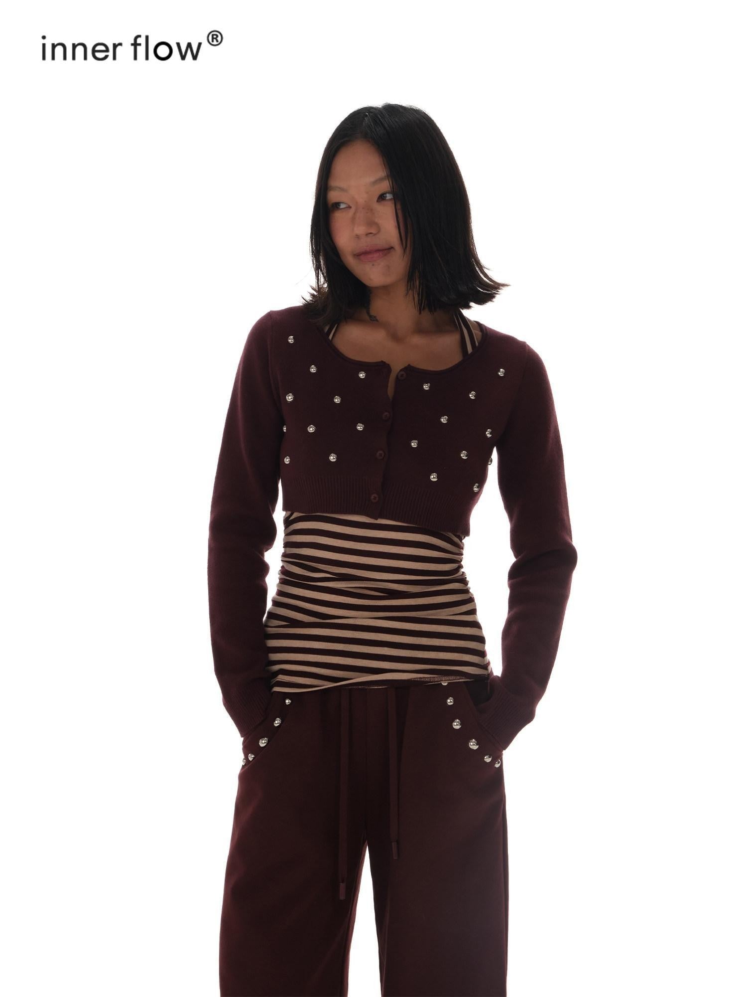 innerflow Brown Pink Striped Studded Low Round Neck Women&