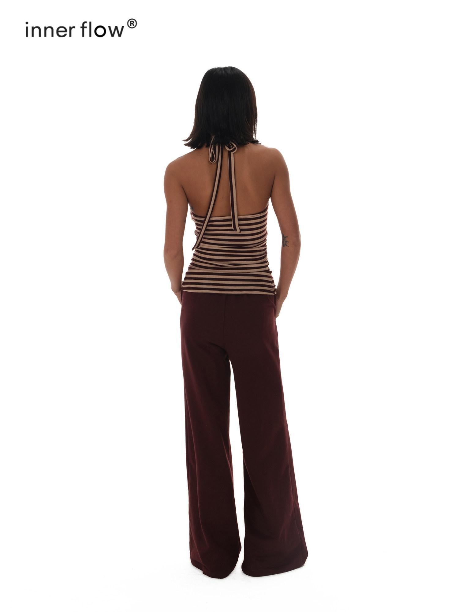 innerflow Brown Pink Striped Studded Low Round Neck Women&
