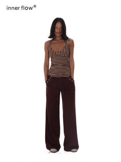 innerflow Brown Pink Striped Studded Low Round Neck Women&