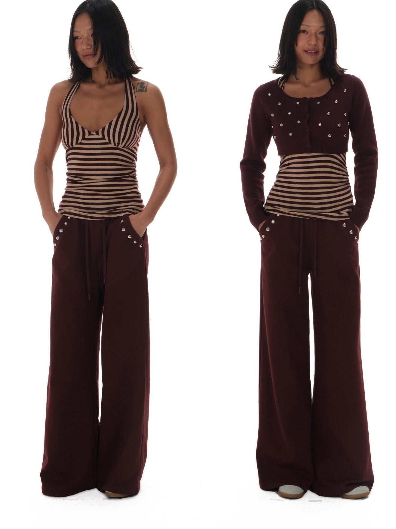 innerflow Brown Pink Striped Studded Low Round Neck Women&