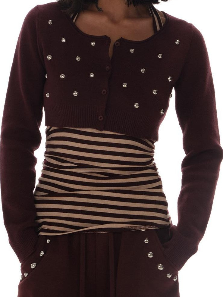 innerflow Brown Pink Striped Studded Low Round Neck Women&