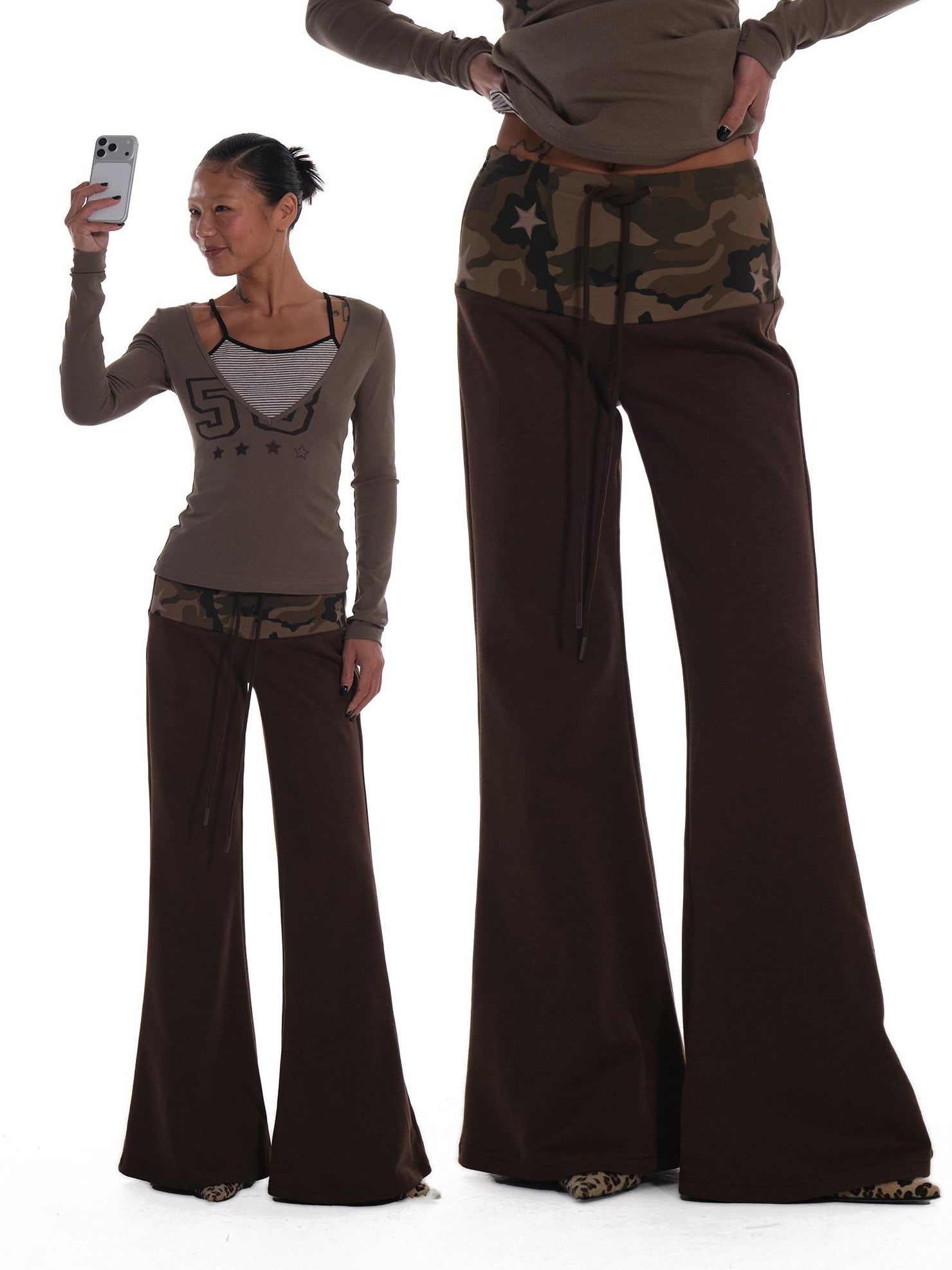 innerflow Camo Panel Drawstring Elastic Waist Women&