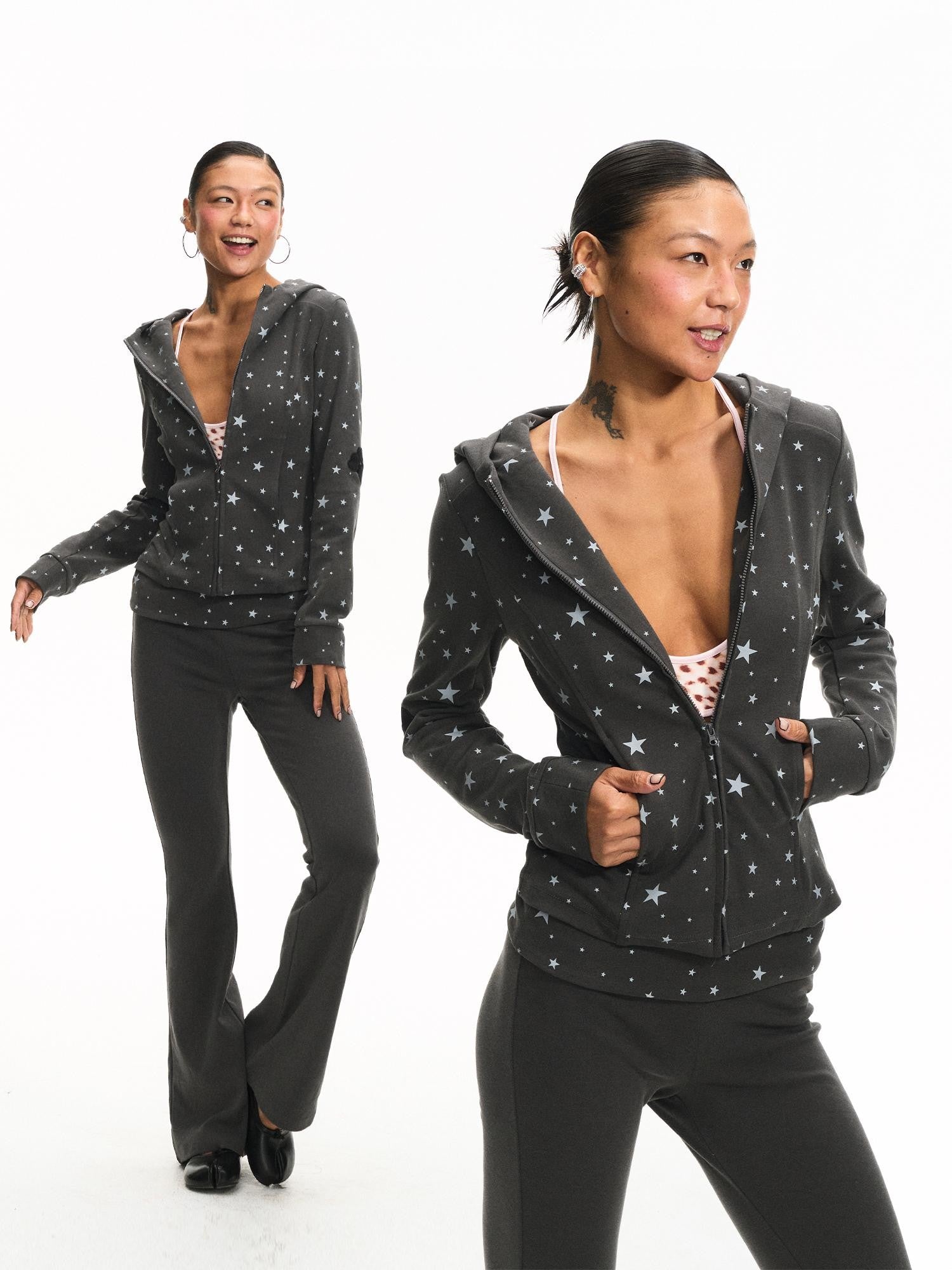 innerflow Cat Ear Hooded Slim Fit Star Print Flare Women&