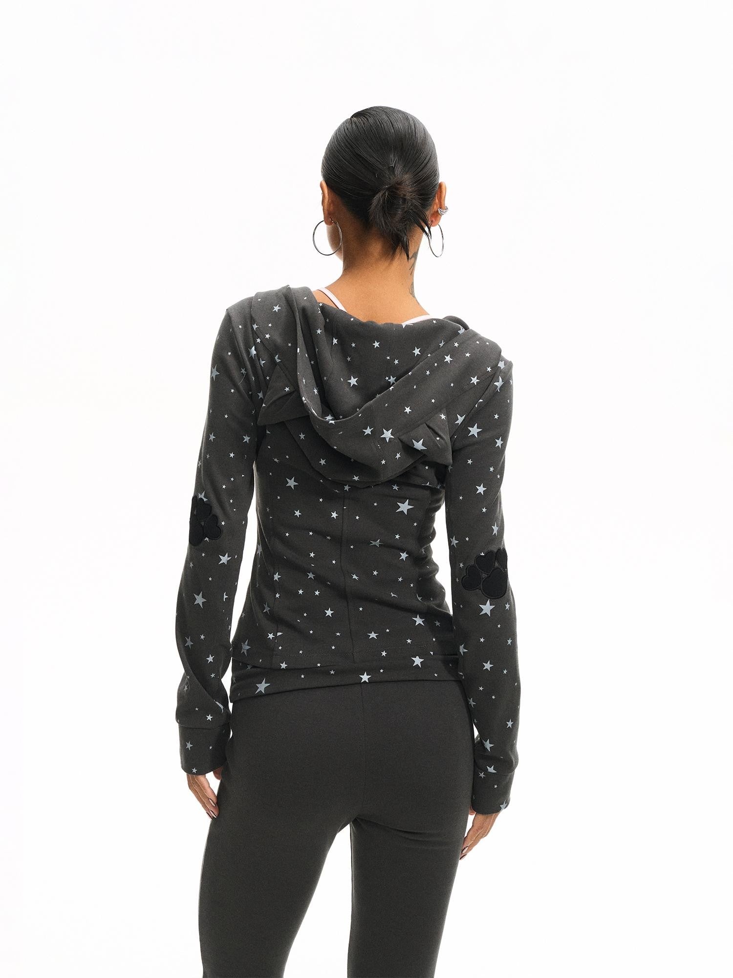 innerflow Cat Ear Hooded Slim Fit Star Print Flare Women&