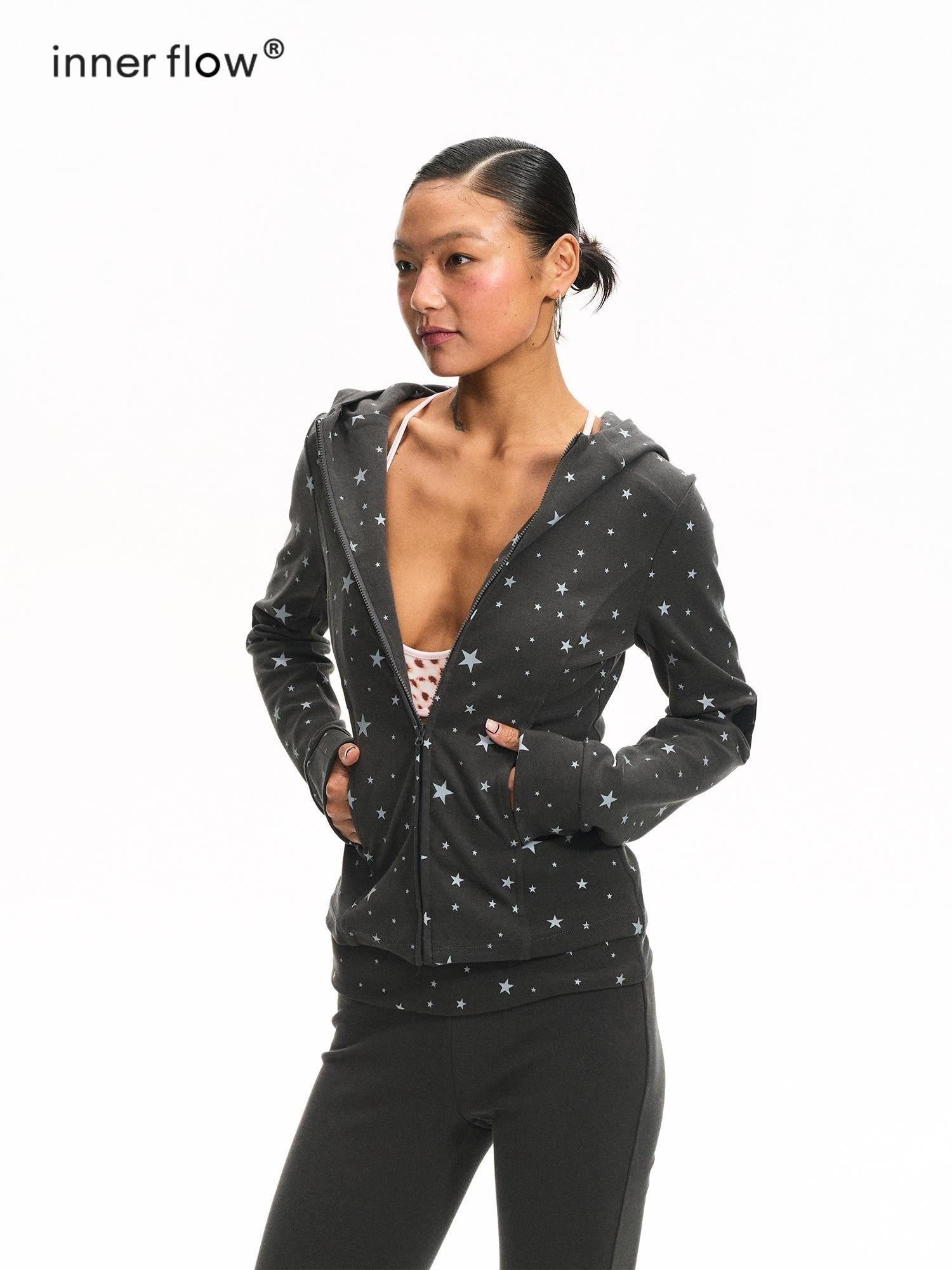 innerflow Cat Ear Hooded Slim Fit Star Print Flare Women&