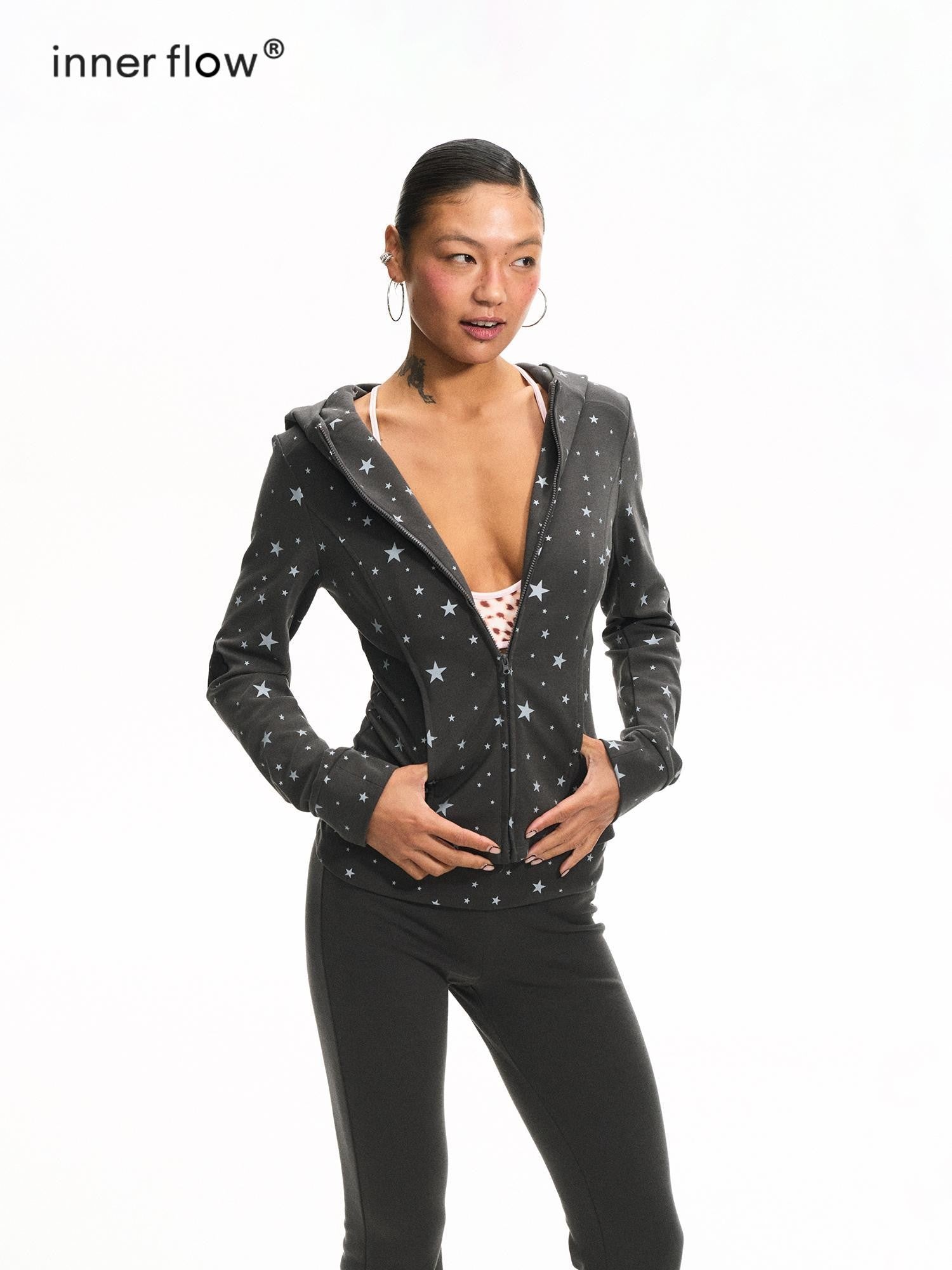 innerflow Cat Ear Hooded Slim Fit Star Print Flare Women&