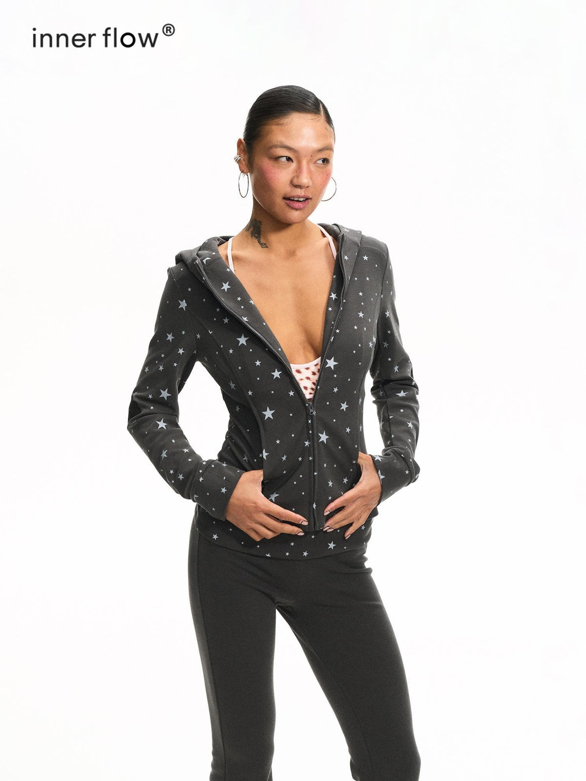 innerflow Cat Ear Hooded Slim Fit Star Print Flare Women&