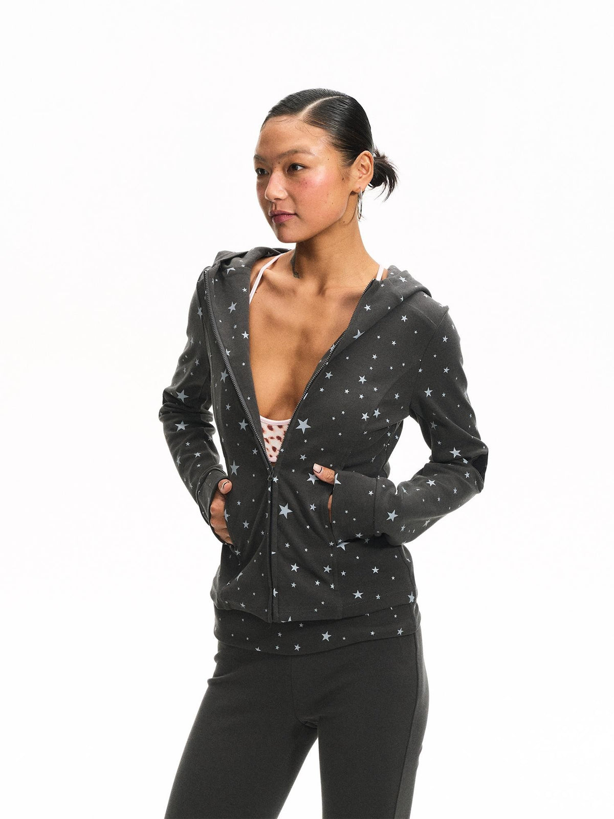 innerflow Cat Ear Hooded Slim Fit Star Print Flare Women&