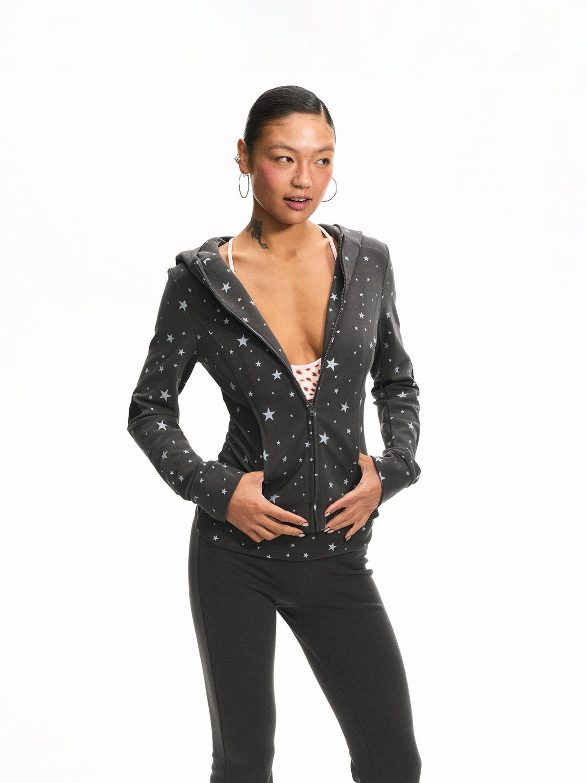 innerflow Cat Ear Hooded Slim Fit Star Print Flare Women&