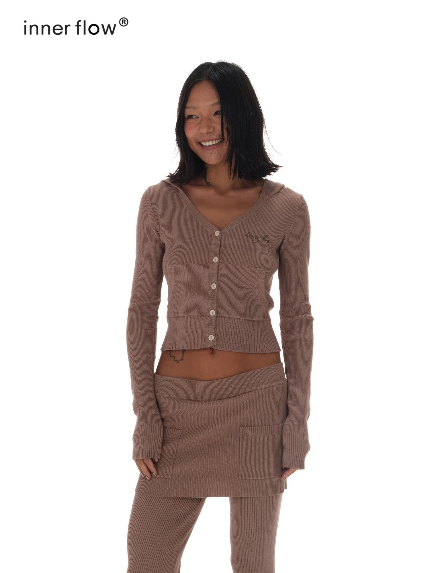 innerflow Chestnut Cropped Hooded Button Cardigan Women&
