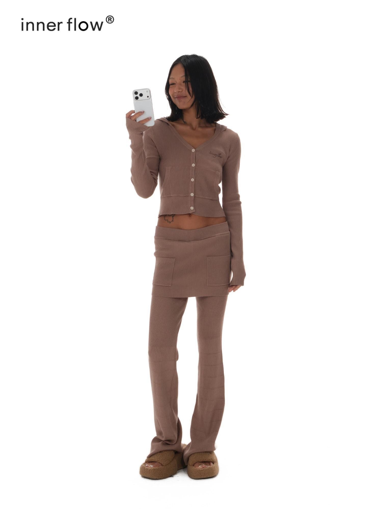 innerflow Chestnut Cropped Hooded Button Cardigan Women&