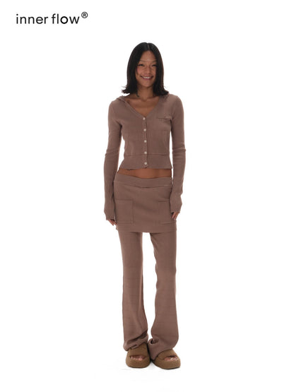 innerflow Chestnut Cropped Hooded Button Cardigan Women&