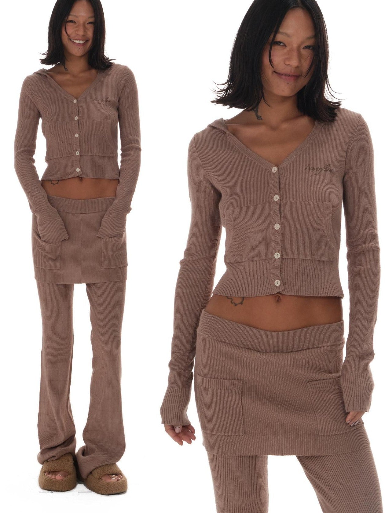 innerflow Chestnut Cropped Hooded Button Cardigan Women&