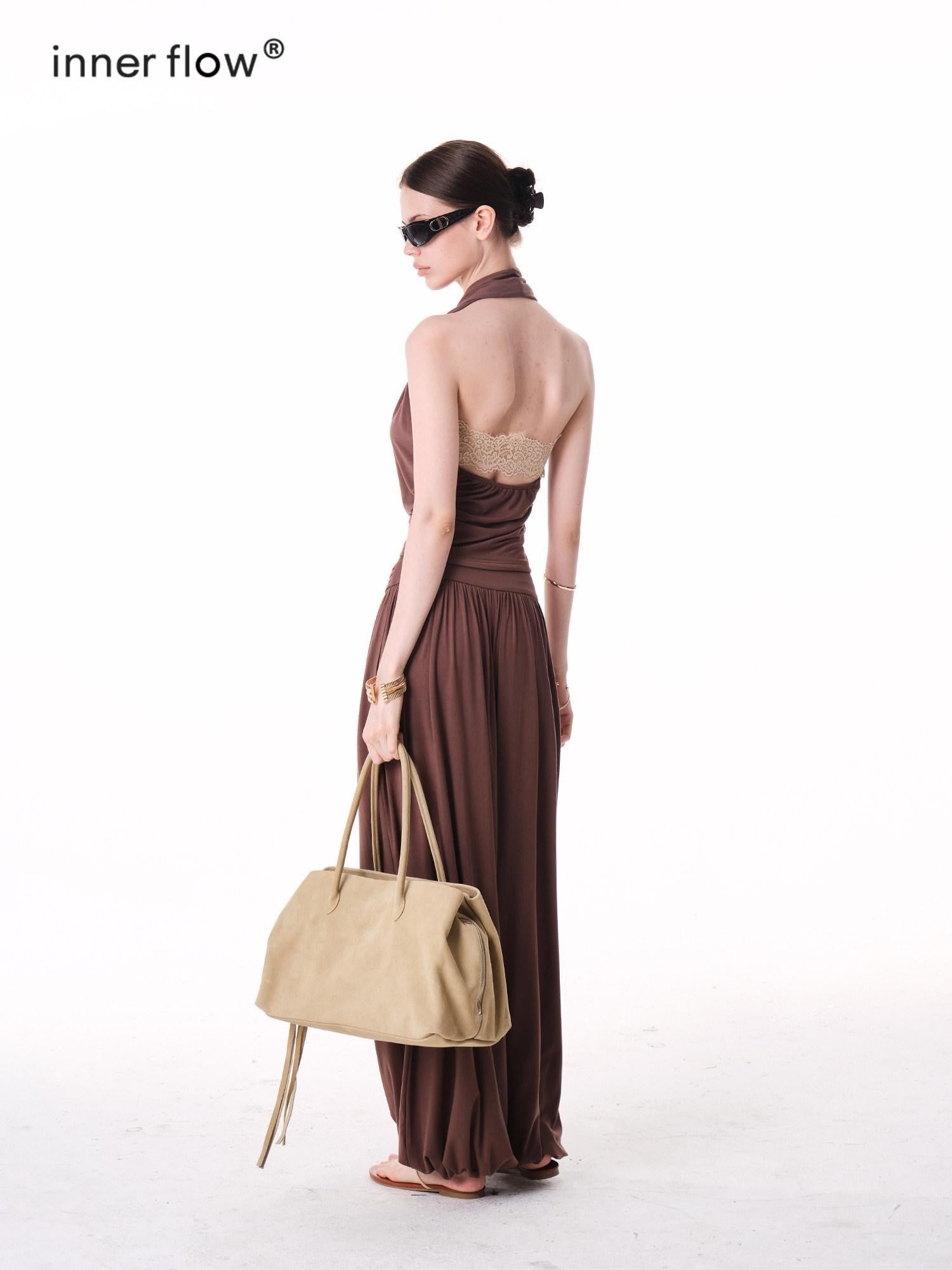 innerflow Colorblock Lace Halter Wide Leg Women&